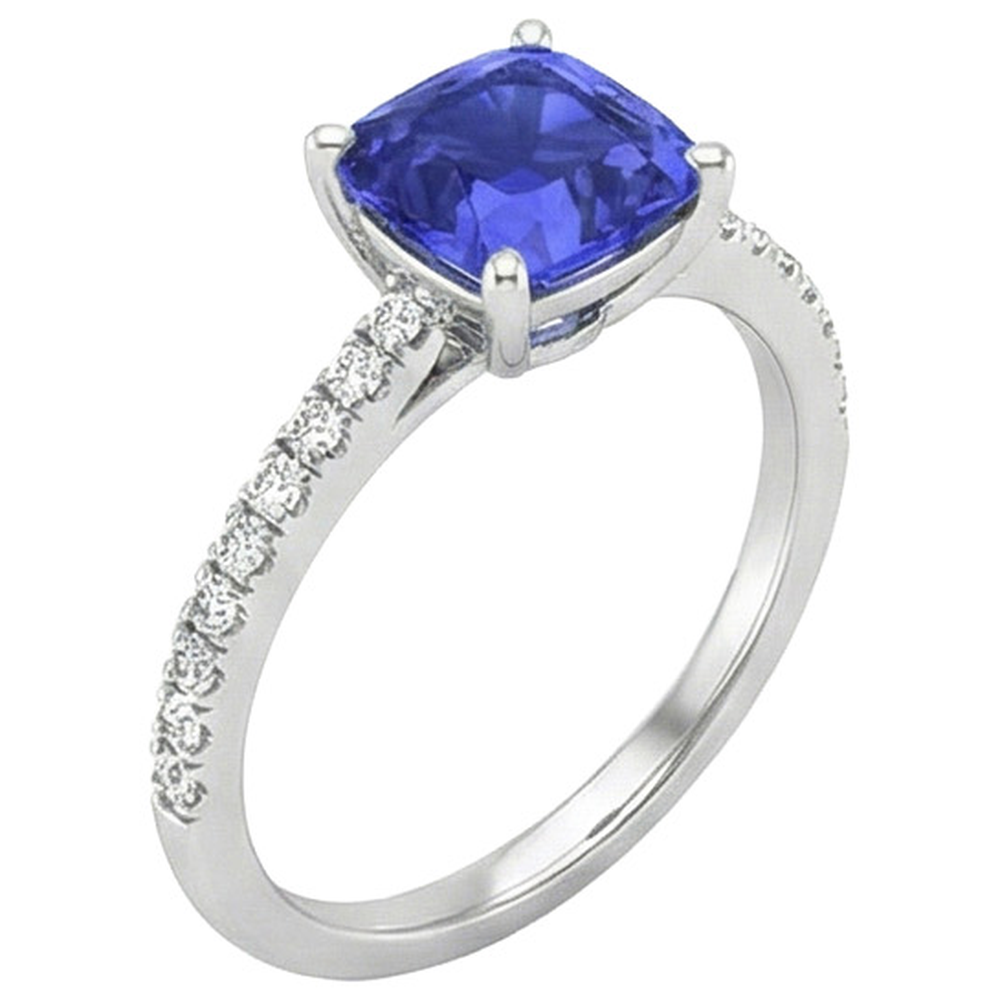 Gold Natural Earth Mined Diamond Ring Cushion Sri Lankan Sapphire With Accents 3 Carats