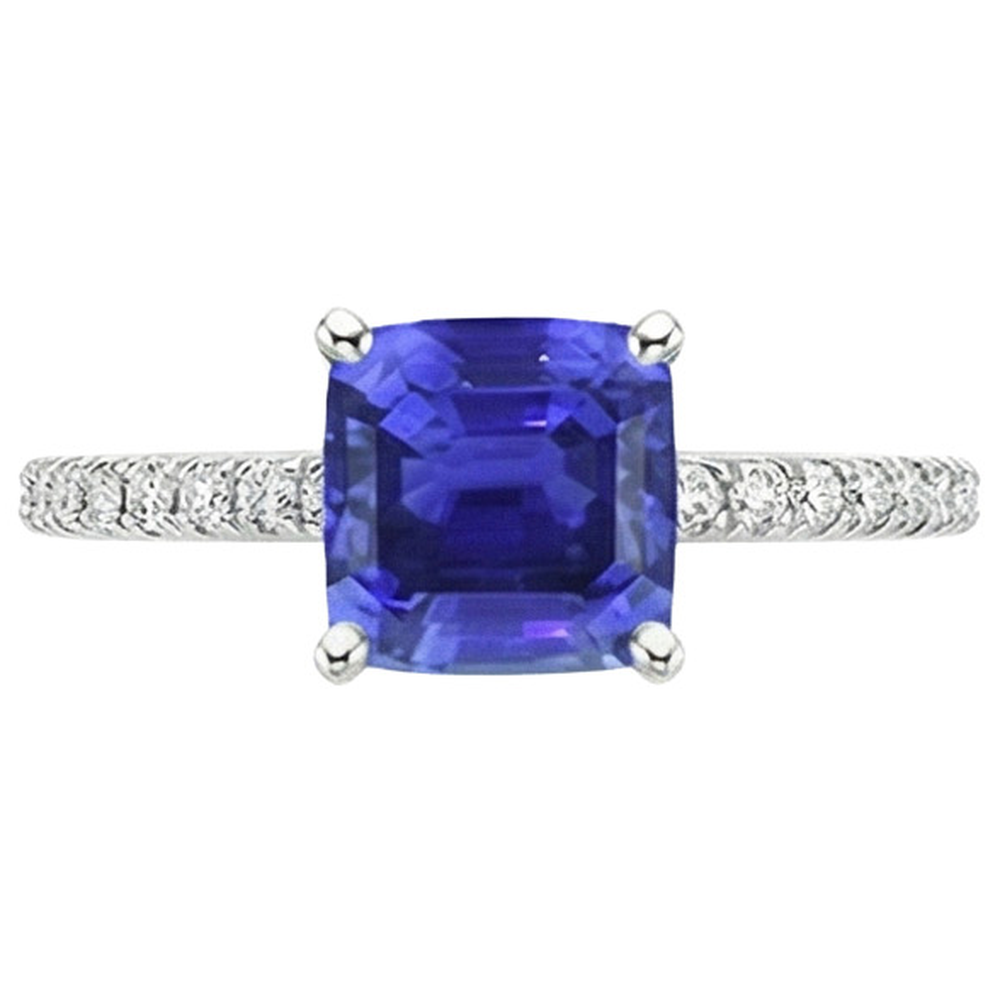 Gold Natural Earth Mined Diamond Ring Cushion Sri Lankan Sapphire With Accents 3 Carats