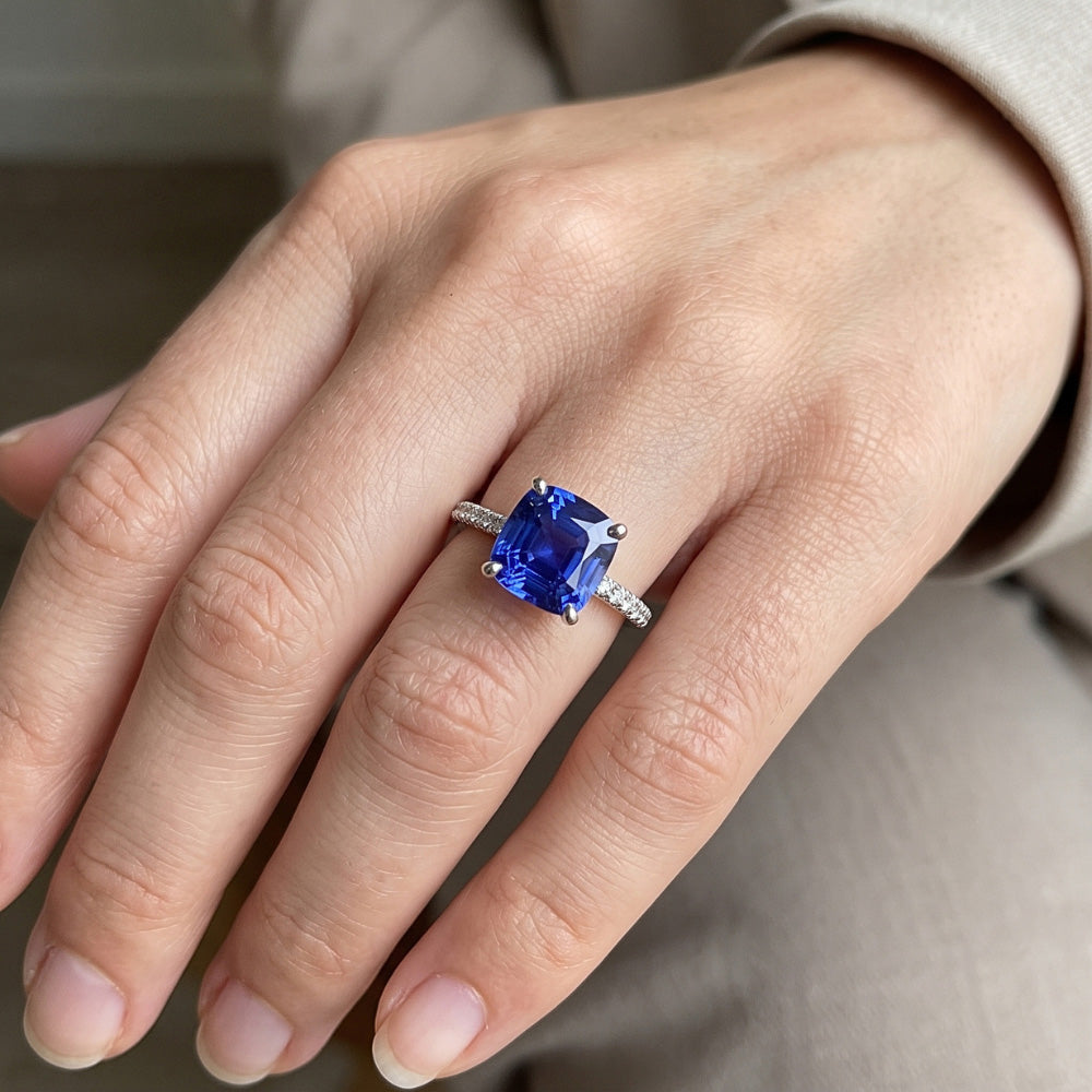 Gold Natural Earth Mined Diamond Ring Cushion Sri Lankan Sapphire With Accents 3 Carats