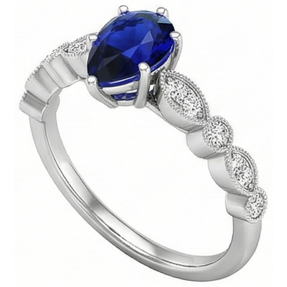 Gold Natural Earth Mined Diamond Ring Pear Antique Style Srilankan Sapphire 2.50 Carats