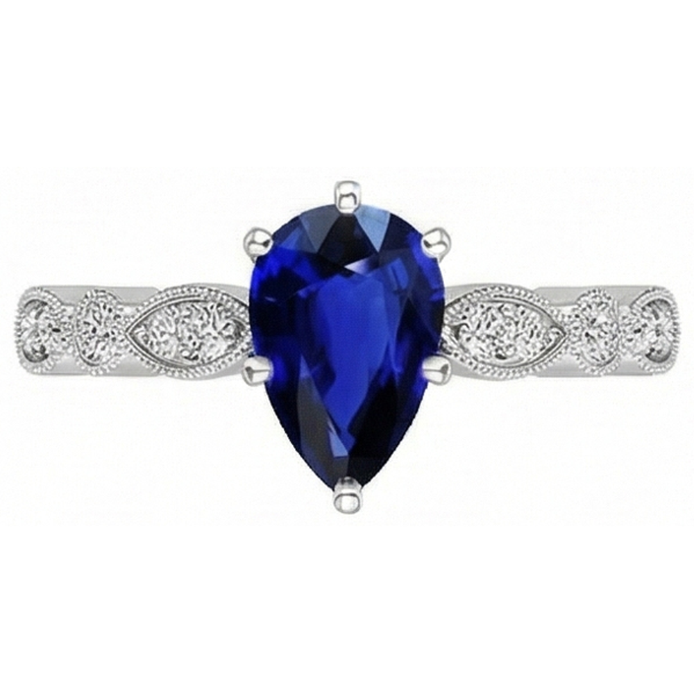 Gold Natural Earth Mined Diamond Ring Pear Antique Style Srilankan Sapphire 2.50 Carats
