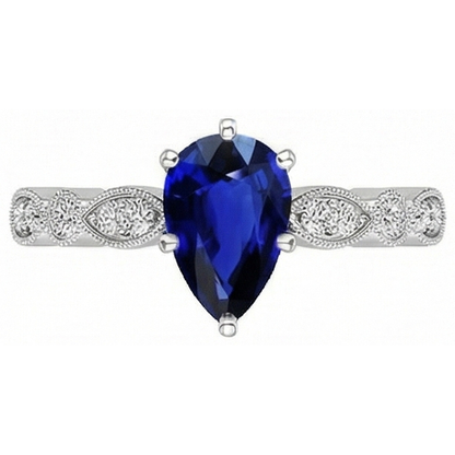 Gold Natural Earth Mined Diamond Ring Pear Antique Style Srilankan Sapphire 2.50 Carats