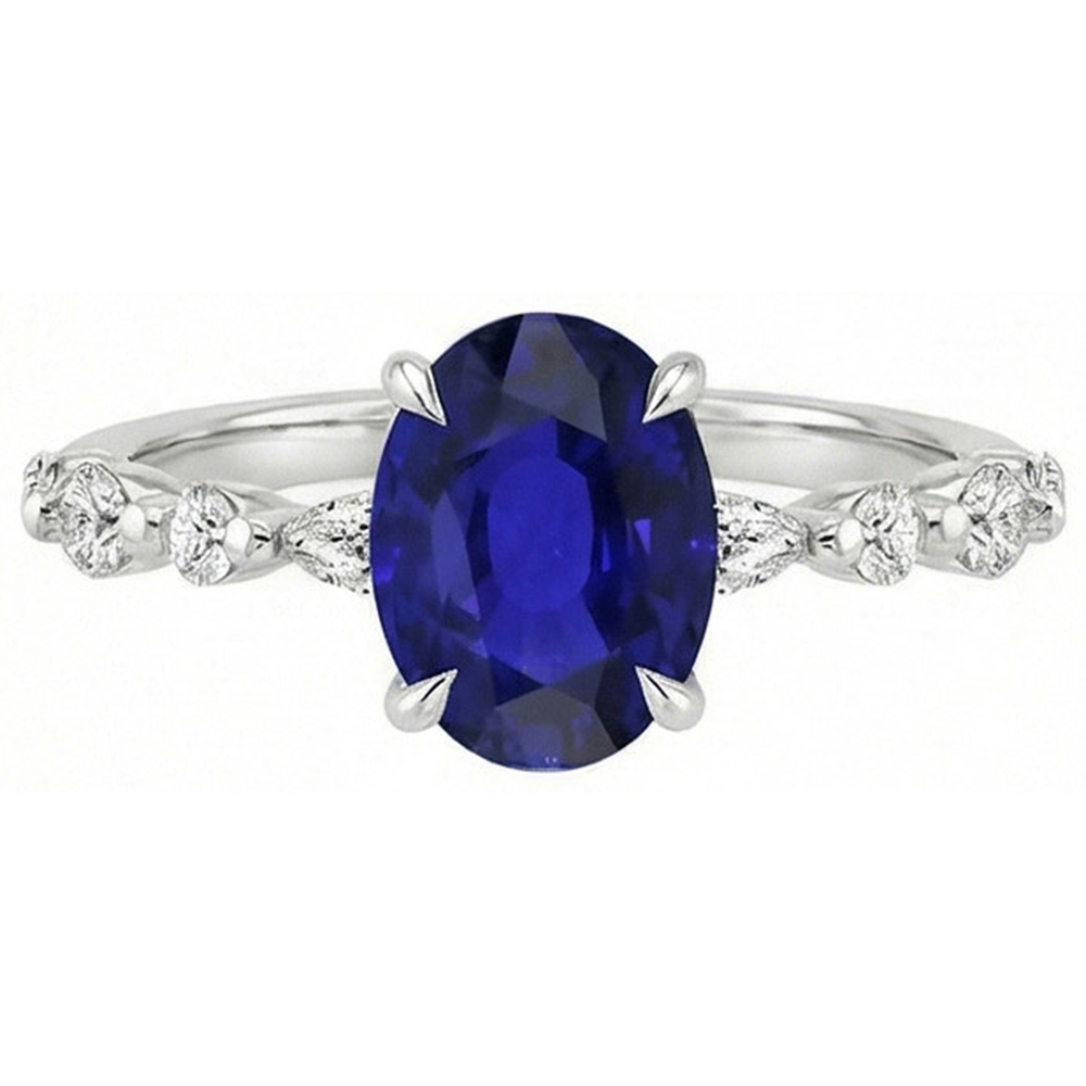 Gold Oval Blue Sapphire Natural Earth Mined Diamond Ring Marquise & Round Cut 6 Carats New