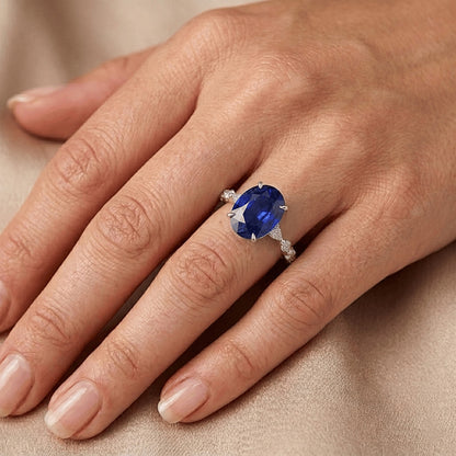 Gold Oval Blue Sapphire Natural Earth Mined Diamond Ring Marquise & Round Cut 6 Carats New