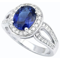 Gold Oval Halo Ring SriLanka Sapphire Split Shank & Natural Earth Mined Diamonds 4 Carats