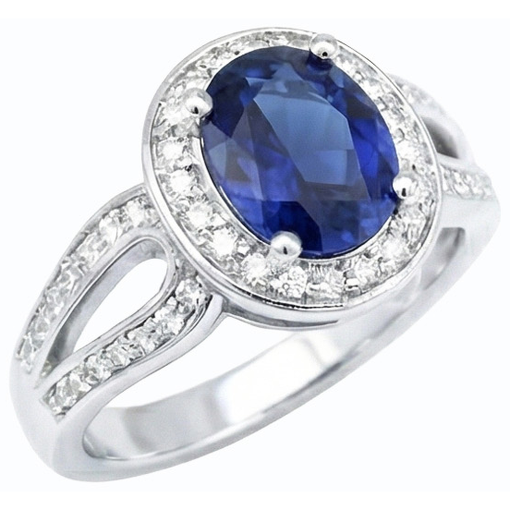 Gold Oval Halo Ring SriLanka Sapphire Split Shank & Natural Earth Mined Diamonds 4 Carats
