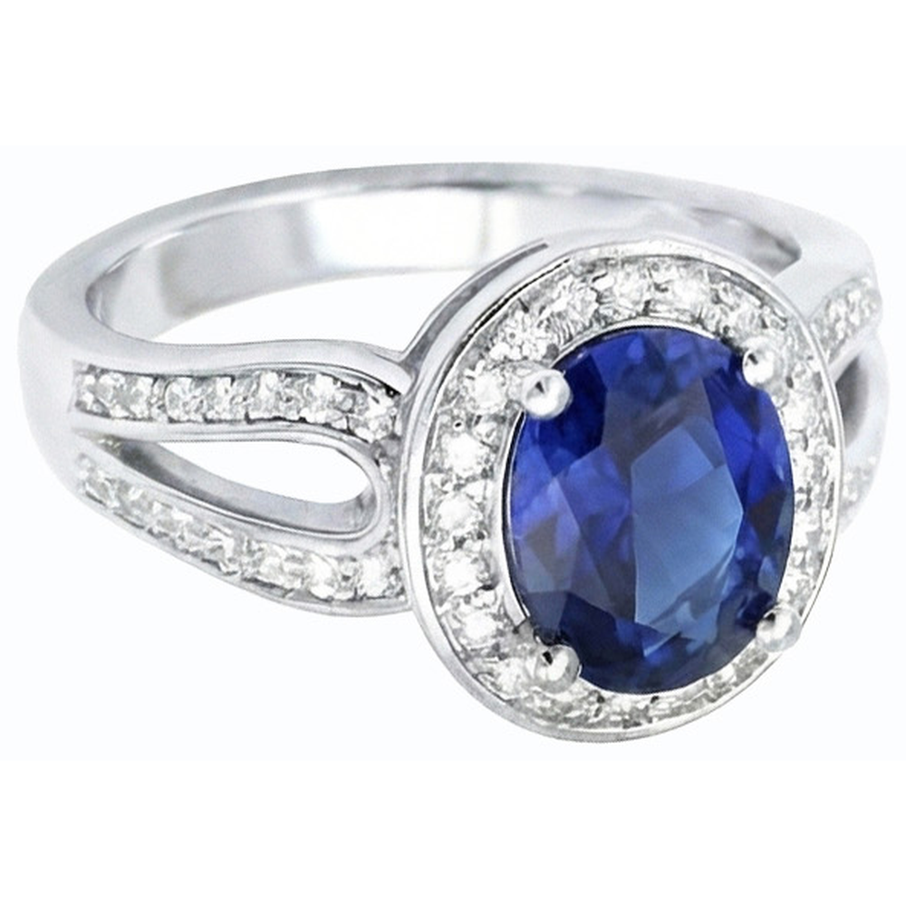 Gold Oval Halo Ring SriLanka Sapphire Split Shank & Natural Earth Mined Diamonds 4 Carats