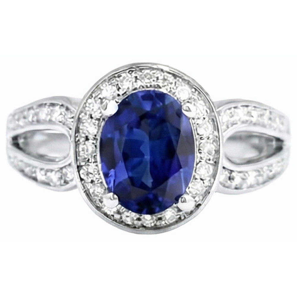 Gold Oval Halo Ring SriLanka Sapphire Split Shank & Natural Earth Mined Diamonds 4 Carats