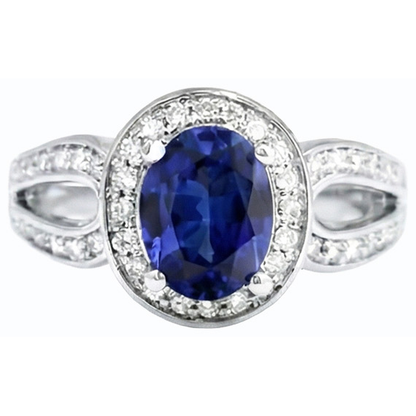 Gold Oval Halo Ring SriLanka Sapphire Split Shank & Natural Earth Mined Diamonds 4 Carats