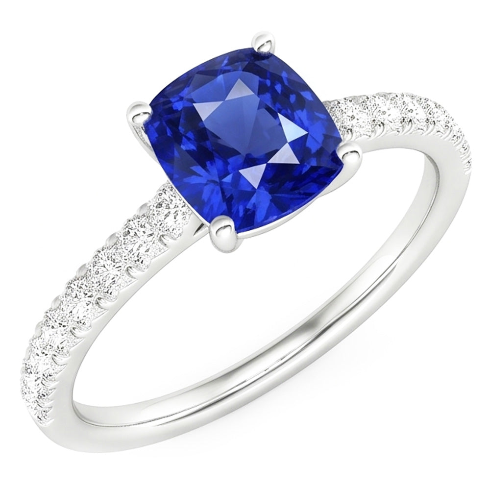Gold Solitaire Cushion Cut Sapphire Ring & Pave Set Natural Earth Mined Diamonds 3 Carats