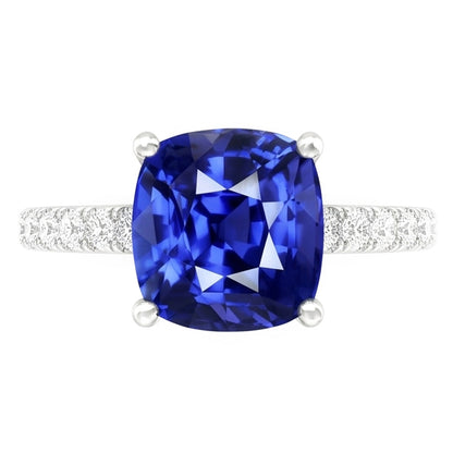 Gold Solitaire Cushion Cut Sapphire Ring & Pave Set Natural Earth Mined Diamonds 3 Carats