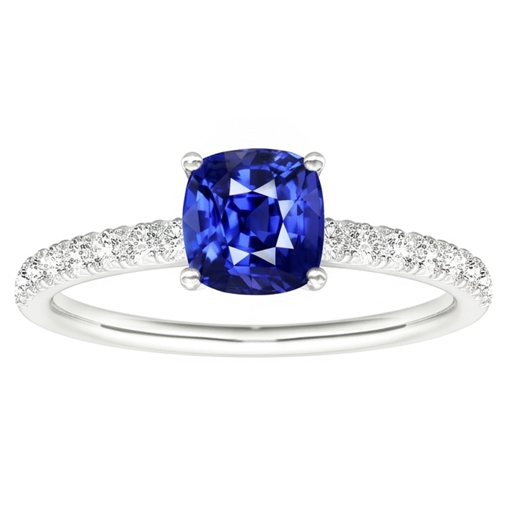 Gold Solitaire Cushion Cut Sapphire Ring & Pave Set Natural Earth Mined Diamonds 3 Carats