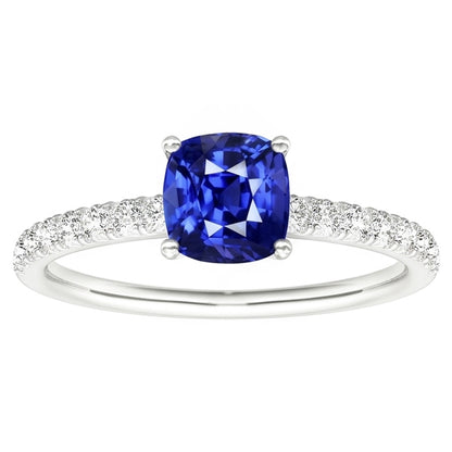 Gold Solitaire Cushion Cut Sapphire Ring & Pave Set Natural Earth Mined Diamonds 3 Carats