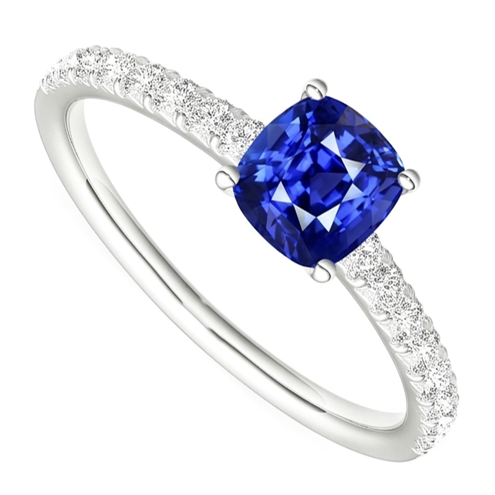 Gold Solitaire Cushion Cut Sapphire Ring & Pave Set Natural Earth Mined Diamonds 3 Carats