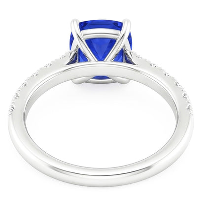 Gold Solitaire Cushion Cut Sapphire Ring & Pave Set Natural Earth Mined Diamonds 3 Carats