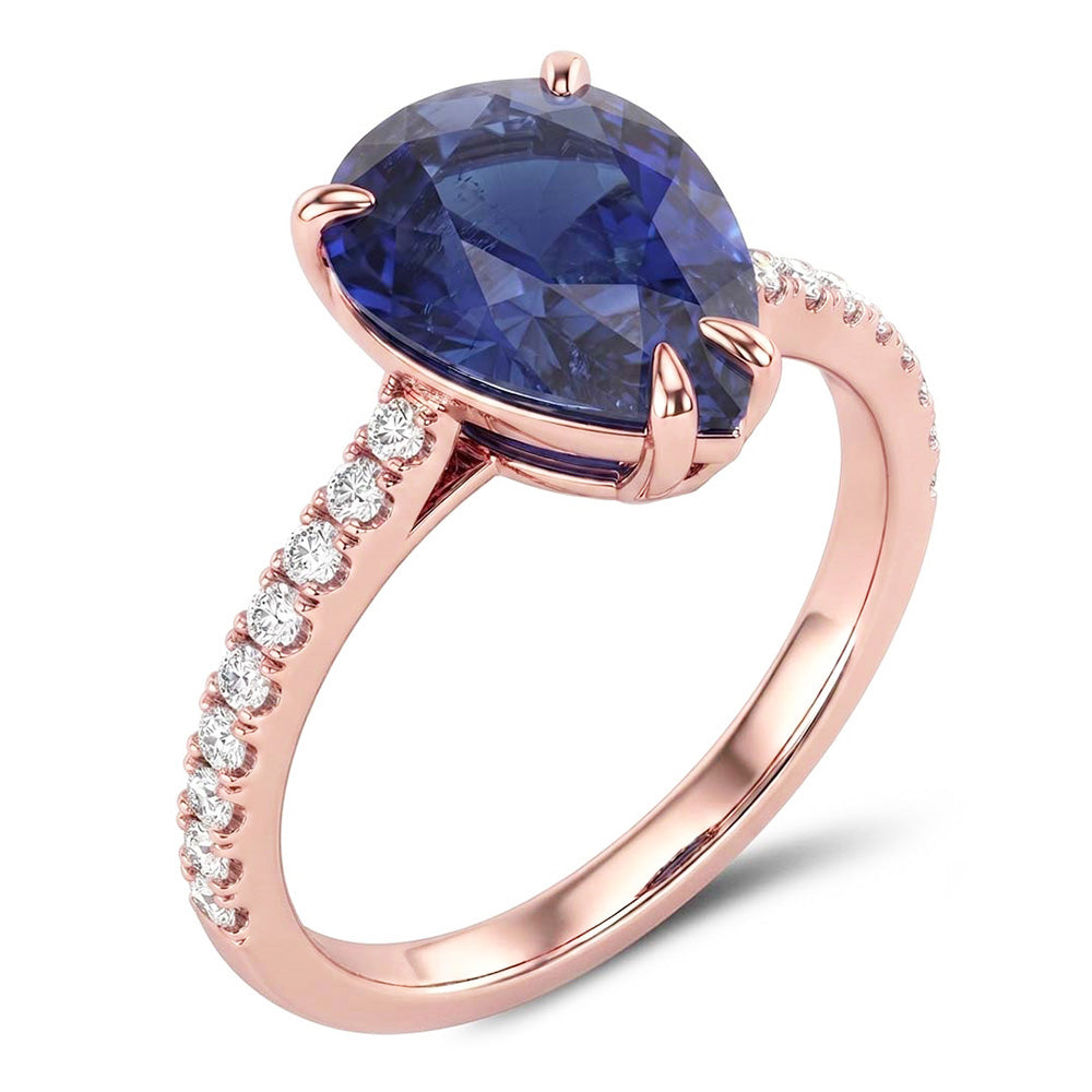 Gold Solitaire Pear Ceylon Sapphire Ring & Pave Set Natural Earth Mined Diamonds 3 Carats