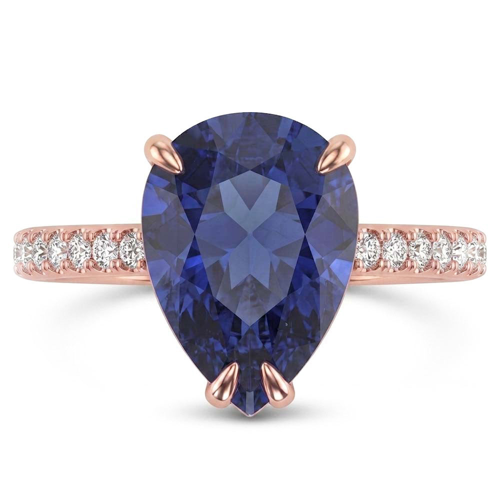 Gold Solitaire Pear Ceylon Sapphire Ring & Pave Set Natural Earth Mined Diamonds 3 Carats