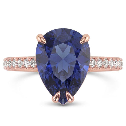 Gold Solitaire Pear Ceylon Sapphire Ring & Pave Set Natural Earth Mined Diamonds 3 Carats