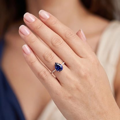 Gold Solitaire Pear Ceylon Sapphire Ring & Pave Set Natural Earth Mined Diamonds 3 Carats