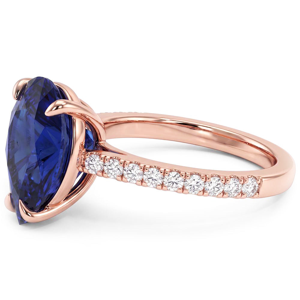 Gold Solitaire Pear Ceylon Sapphire Ring & Pave Set Natural Earth Mined Diamonds 3 Carats