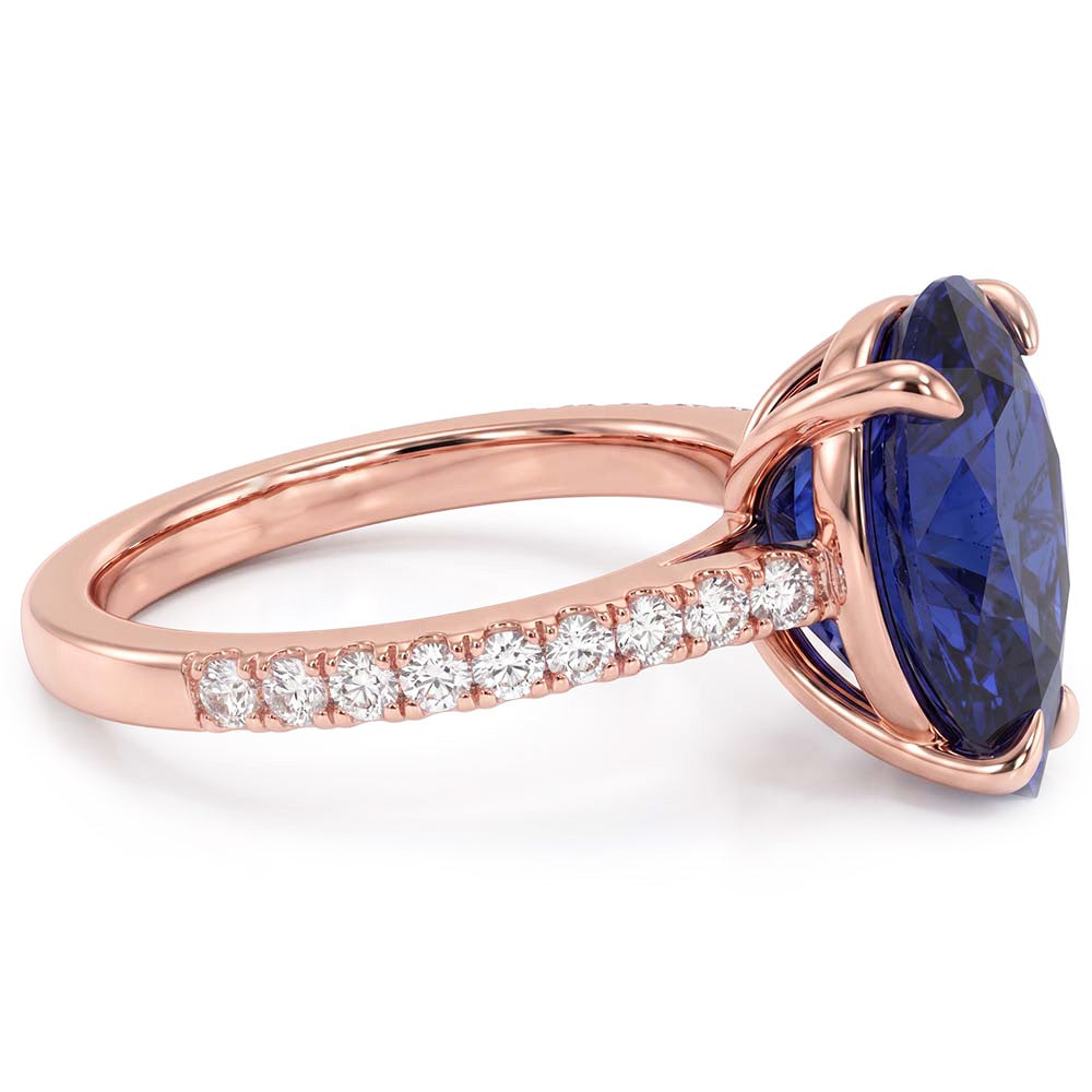 Gold Solitaire Pear Ceylon Sapphire Ring & Pave Set Natural Earth Mined Diamonds 3 Carats