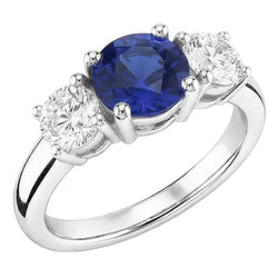 Gold Three Stone Round Natural Earth Mined Diamond Ring Ceylon Sapphire 2.50 Carats