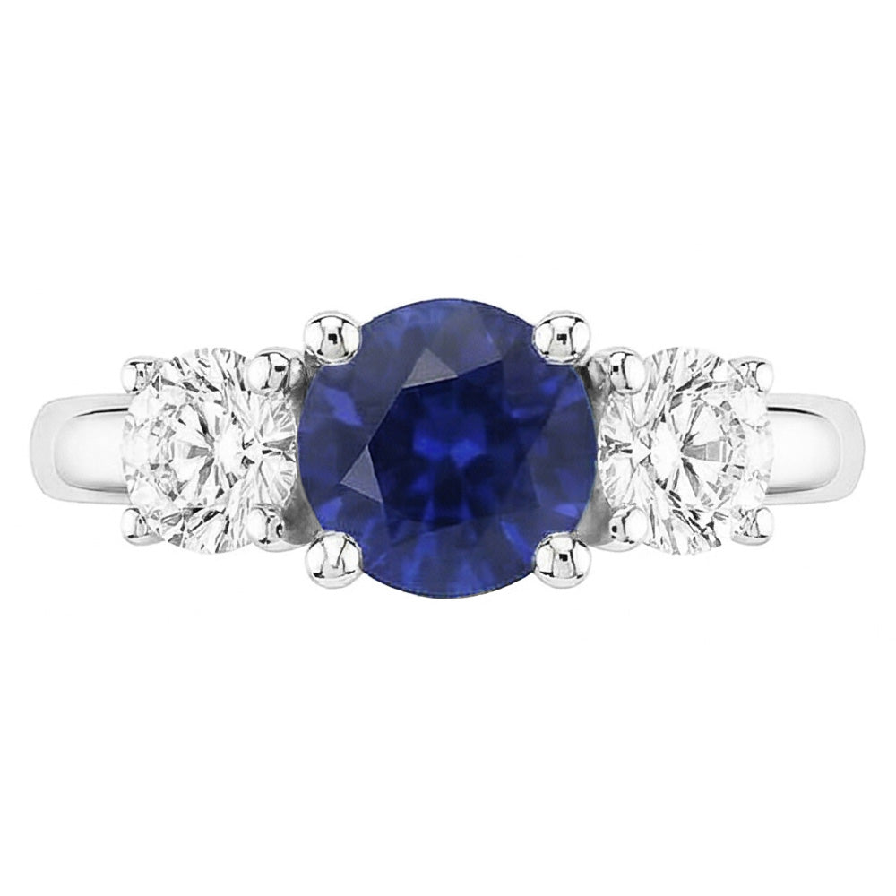 Gold Three Stone Round Natural Earth Mined Diamond Ring Ceylon Sapphire 2.50 Carats