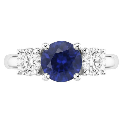 Gold Three Stone Round Natural Earth Mined Diamond Ring Ceylon Sapphire 2.50 Carats