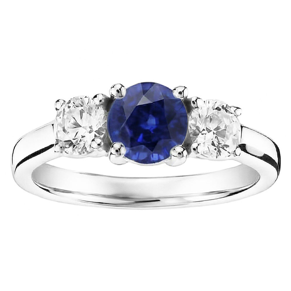Gold Three Stone Round Natural Earth Mined Diamond Ring Ceylon Sapphire 2.50 Carats