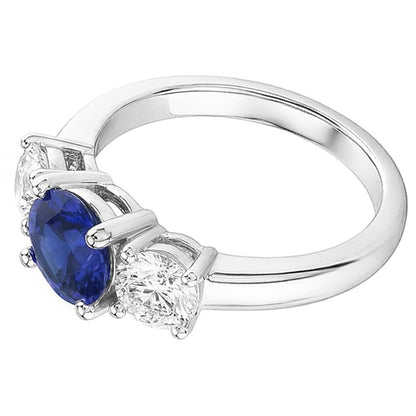 Gold Three Stone Round Natural Earth Mined Diamond Ring Ceylon Sapphire 2.50 Carats