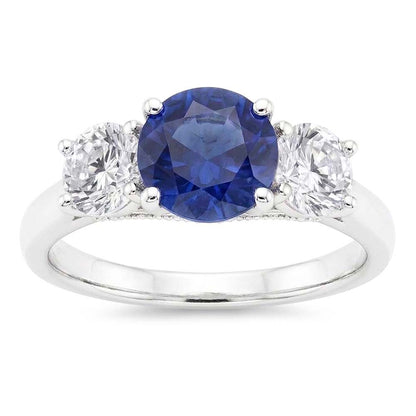 Gold Wedding Ring Round Natural Earth Mined Diamond & Ceylon Sapphire 3 Stone 3 Carats