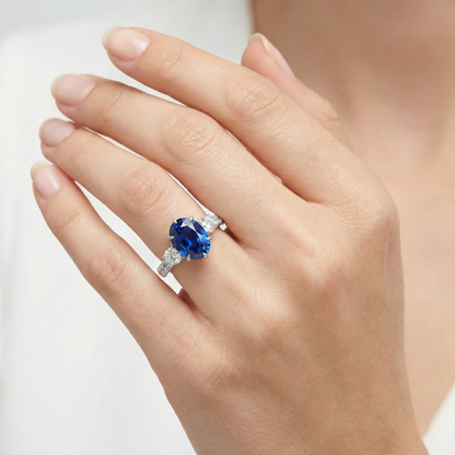 Natural Real ( Not Lab Grown )  Gold Anniversary Solitaire Blue Sapphire With Accents Ring 4.50 Carats