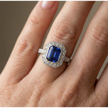Gold Halo Emerald Shaped Sri Lankan Sapphire Natural Earth Mined Diamond Ring 3.50 Carats