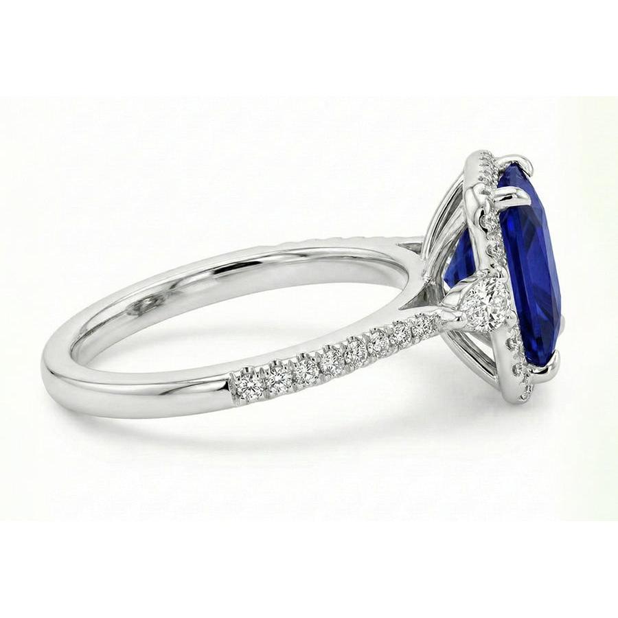 Gold Halo Natural Earth Mined Diamond Ring Princess Blue Sapphire With Accents 6.25 Carats