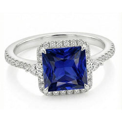 Gold Halo Natural Earth Mined Diamond Ring Princess Blue Sapphire With Accents 6.25 Carats