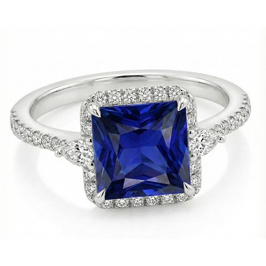 Gold Halo Natural Earth Mined Diamond Ring Princess Blue Sapphire With Accents 6.25 Carats