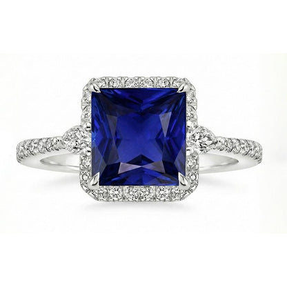 Gold Halo Natural Earth Mined Diamond Ring Princess Blue Sapphire With Accents 6.25 Carats