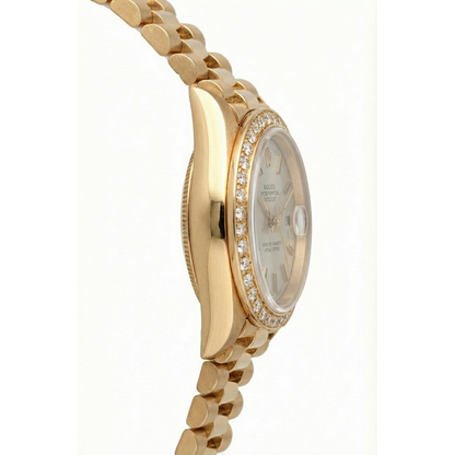 Gold Presidential Rolex Watch White Stick Dial Diamond Bezel Dj