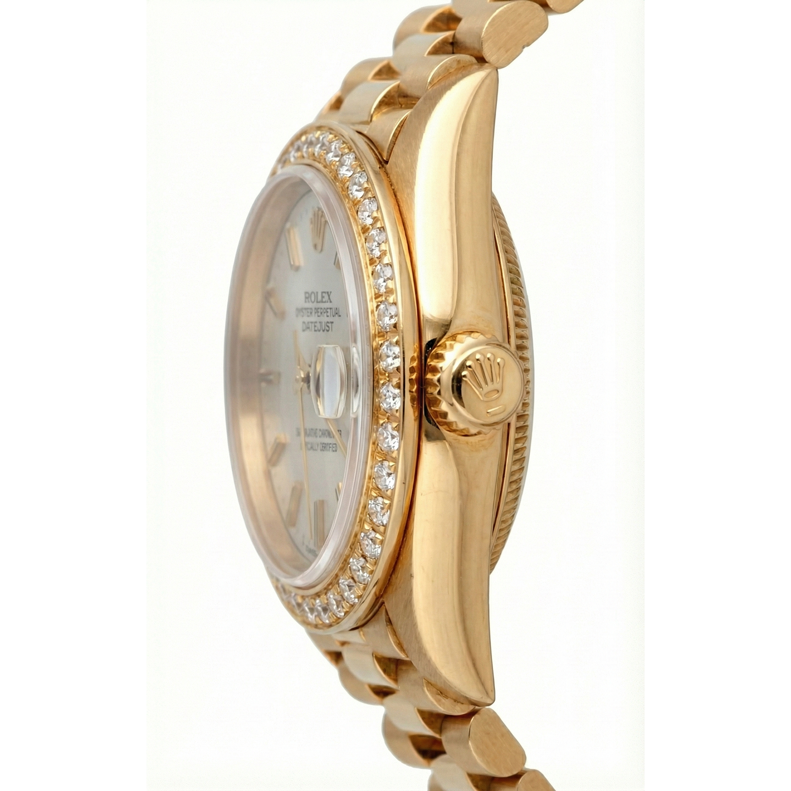 Gold Presidential Rolex Watch White Stick Dial Diamond Bezel Dj