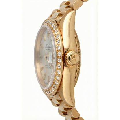 Gold Presidential Rolex Watch White Stick Dial Diamond Bezel Dj