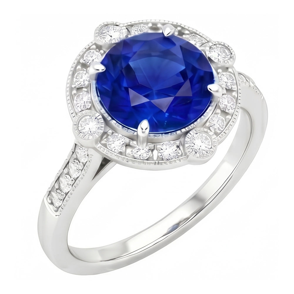 Gorgeous 5.61 Carats Sri Lanka Sapphire Round And Natural Earth Mined Diamond Gold Ring