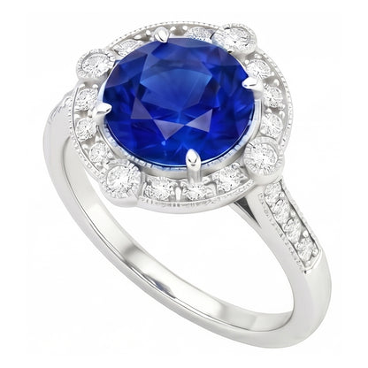 Gorgeous 5.61 Carats Sri Lanka Sapphire Round And Natural Earth Mined Diamond Gold Ring