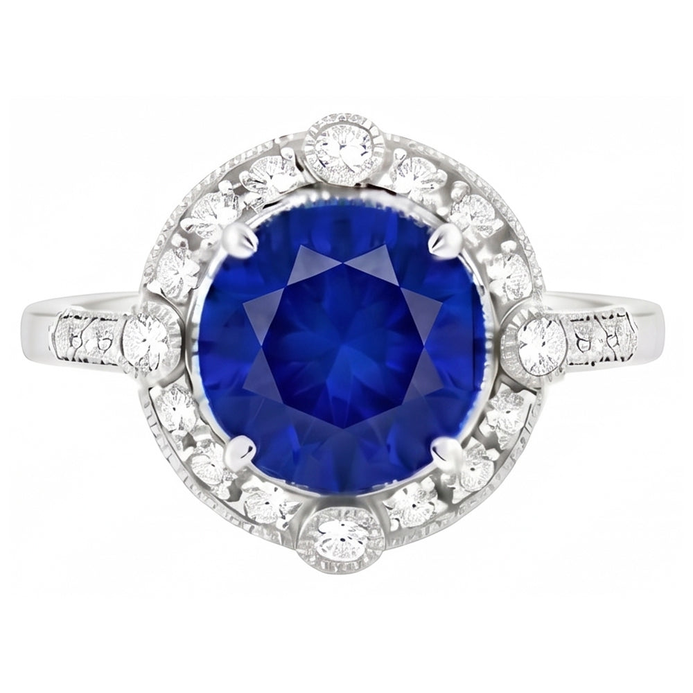 Gorgeous 5.61 Carats Sri Lanka Sapphire Round And Natural Earth Mined Diamond Gold Ring