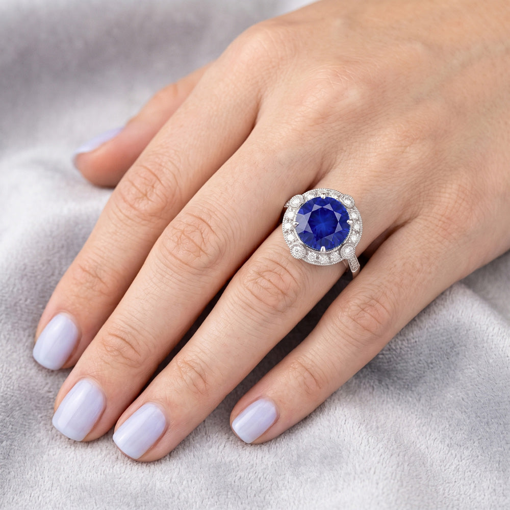 Gorgeous 5.61 Carats Sri Lanka Sapphire Round And Natural Earth Mined Diamond Gold Ring