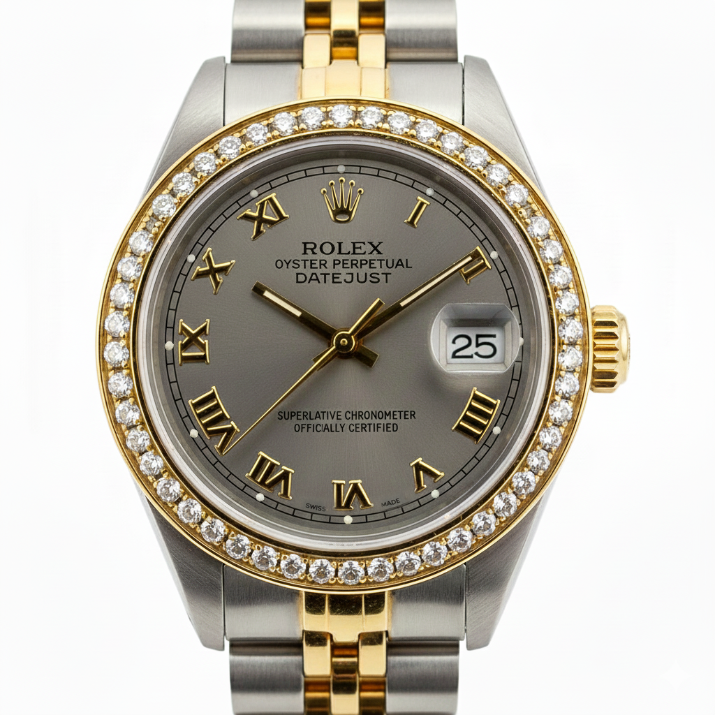 Gray Roman Dial Diamond Bezel Ss & Gold Rolex Lady Watch Datejust