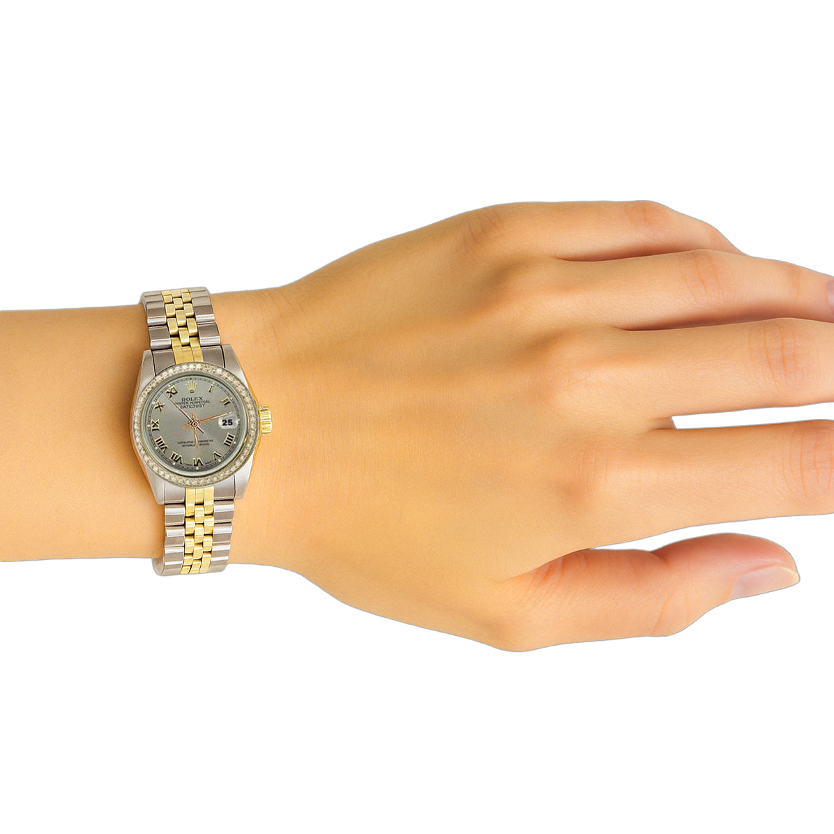 Gray Roman Dial Diamond Bezel Ss & Gold Rolex Lady Watch Datejust