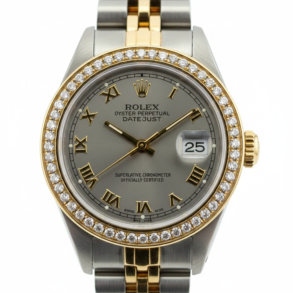 Gray Roman Dial Diamond Bezel Ss & Gold Rolex Lady Watch Datejust
