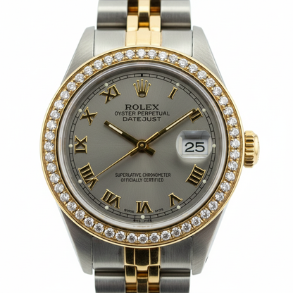 Gray Roman Dial Diamond Bezel Ss & Gold Rolex Lady Watch Datejust