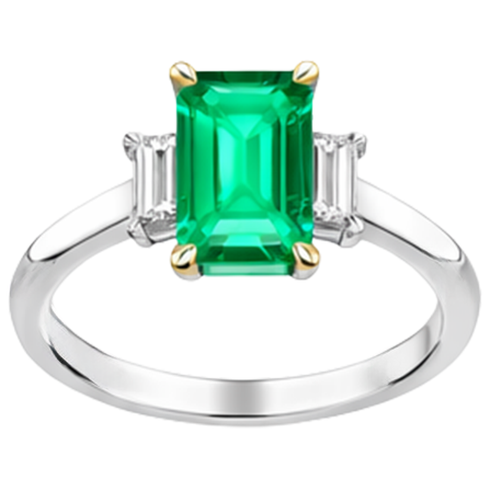 Natural Real ( Not Lab Grown ) Green Emerald GIA 3 Stone Ring With Diamonds Prong Settings