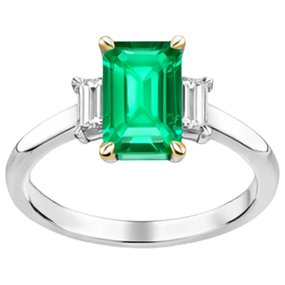 Natural Real ( Not Lab Grown ) Green Emerald GIA 3 Stone Ring With Diamonds Prong Settings